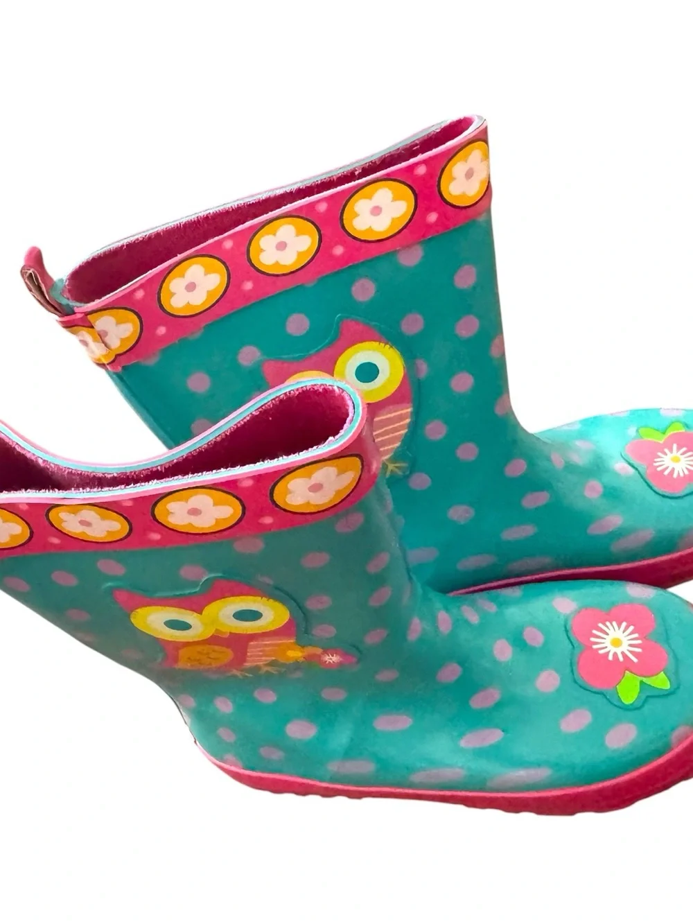 Stephen Joseph Kids Teal Pink Polka Dot Rain Boots with Owl Flowers Childs 12